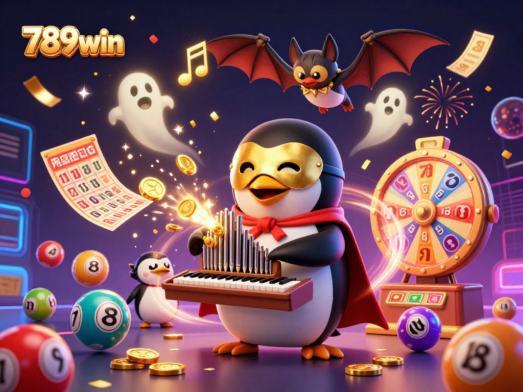 Experience the excitement of 789win as a cartoon penguin plays a golden organ dispensing coins amidst a vibrant, dynamic casino scene.