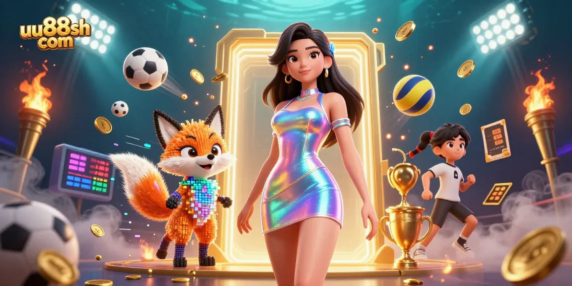 Engage with uu88sh com's dynamic gaming environment filled with sports balls, vibrant characters, and golden elements.