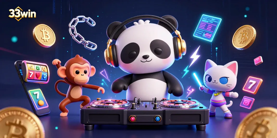 33win showcases a vibrant 3D casino scene with a DJ panda, dancing monkey, and glowing kitten.