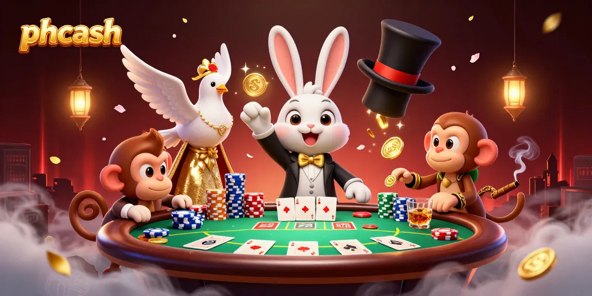 Experience thrilling action at phcash as a magician rabbit pulls golden coins amidst dazzling poker chips.