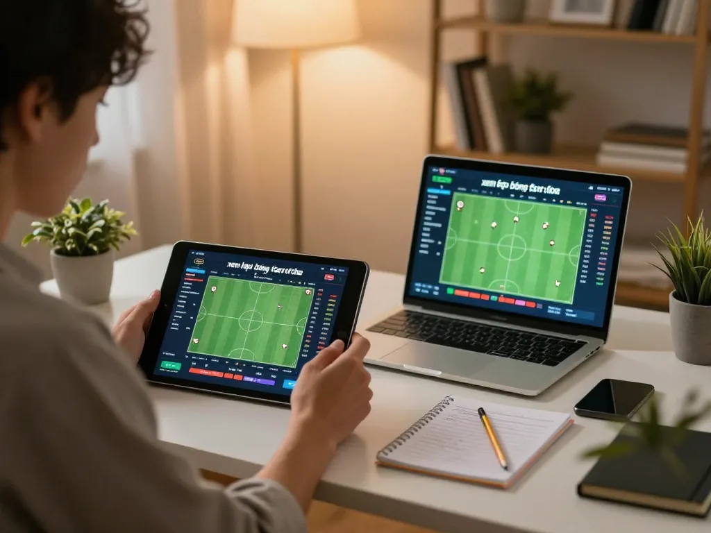 xem kèo bóng đá trực tuyến on a tablet in a cozy home betting setup, person engaging with soccer odds and analysis.