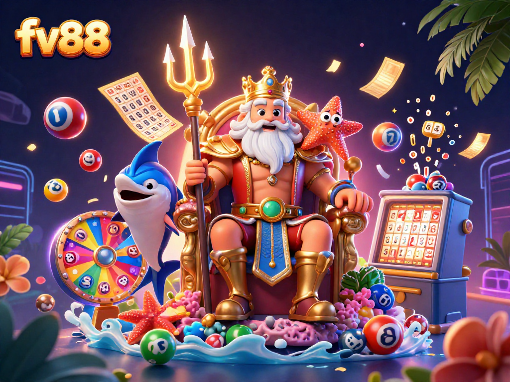 Engage with FV88's dynamic lottery excitement featuring Neptune, vibrant lottery balls, and golden tickets.