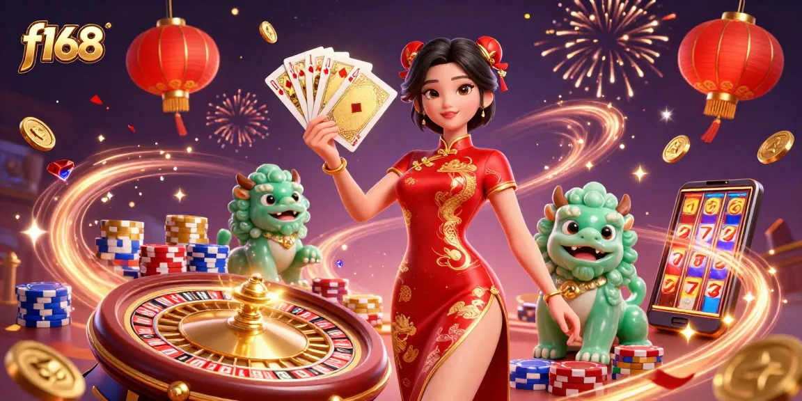 Experience the excitement at f168 with colorful coins and dynamic gaming elements, including a lively lady in red.