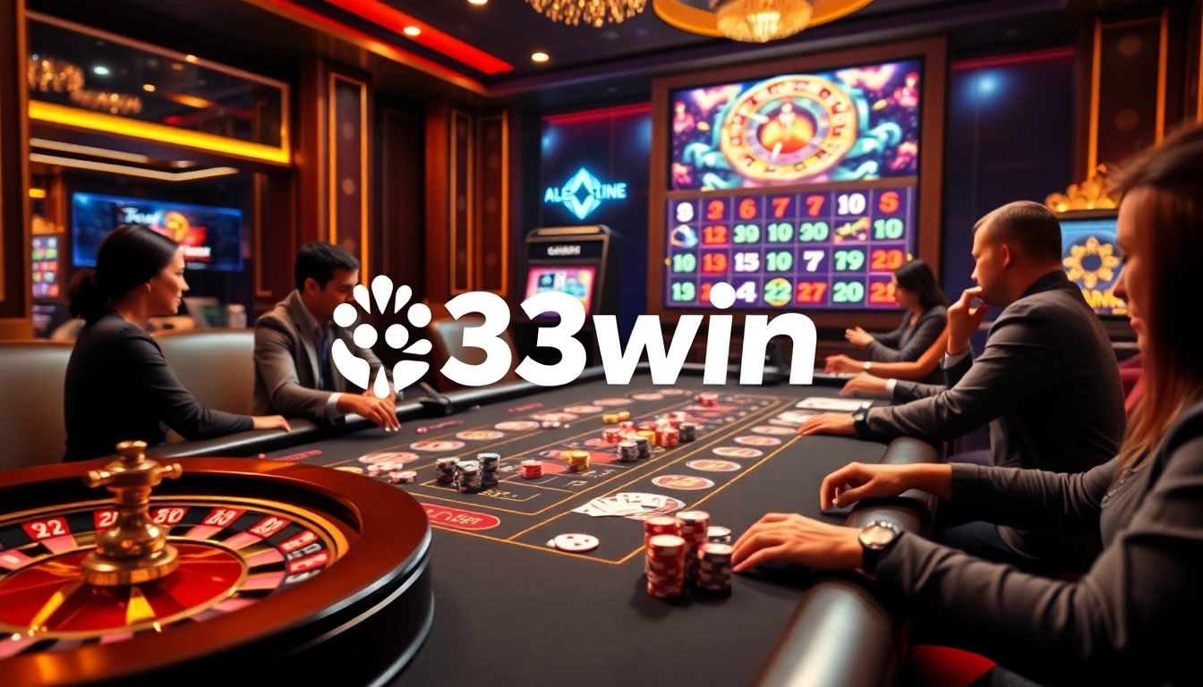Experience the thrill of gambling at 33win with vibrant poker chips and an exciting roulette wheel.