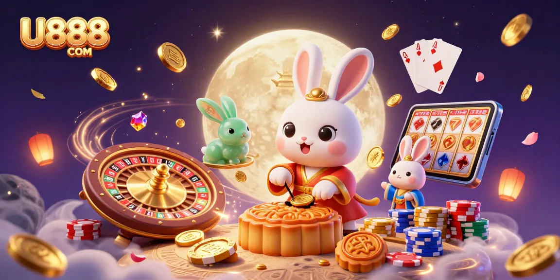 Experience excitement at U888 COM with a vibrant 3D casino scene featuring a moon rabbit and sparkling game elements.
