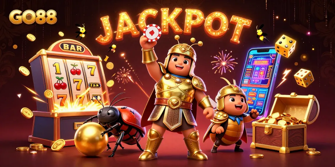 Explore GO88’s thrilling adventure as beetles celebrate a casino jackpot with vibrant game elements.