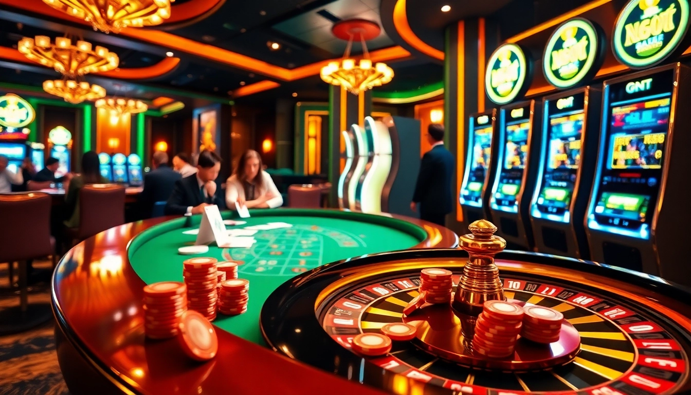 Engaged players at a nhà cái mm88 casino table surrounded by colorful chips and dazzling slot machines.