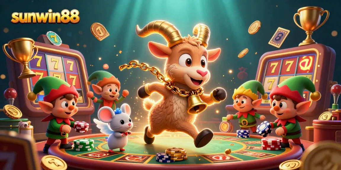 Join the action at sunwin88 with festive gambling characters in a vibrant casino scene.