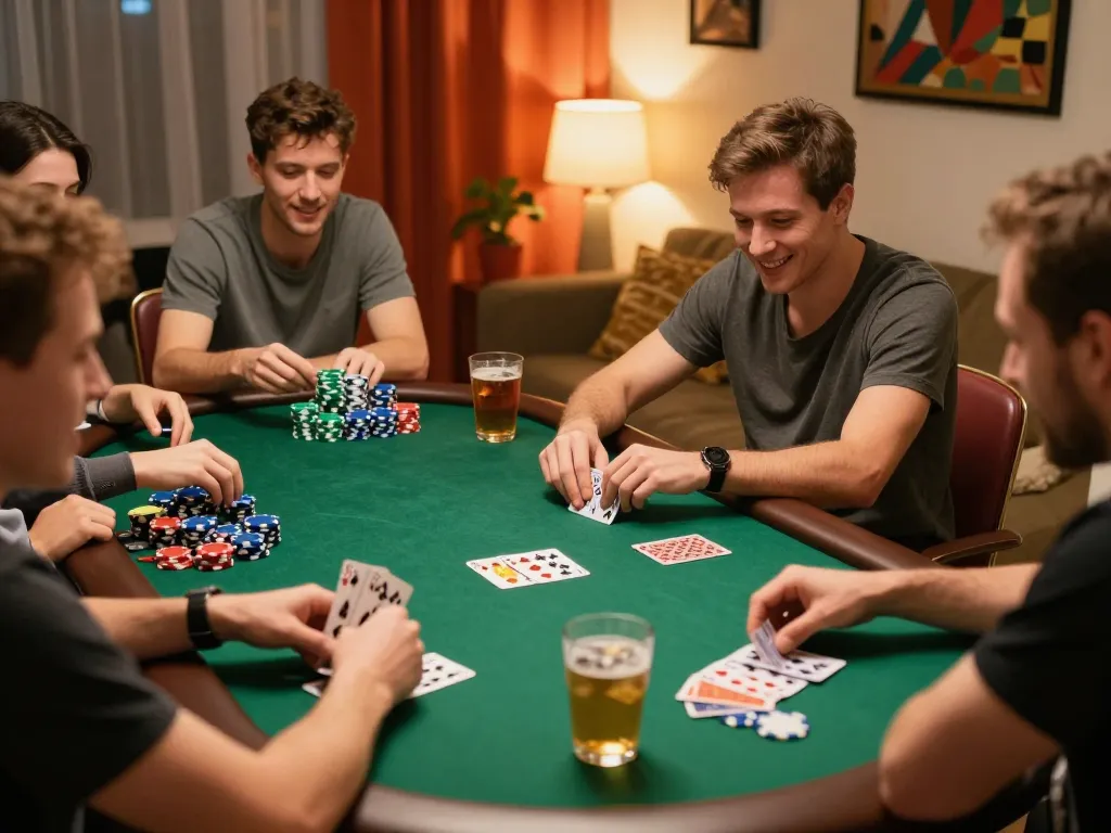 Friends enjoying a home poker game with poker chips and cards, showcasing PHSKY fun.