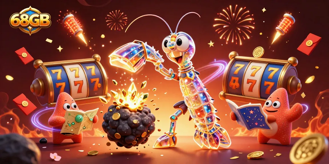 Experience the excitement of 68GB with a vibrant illustration of galactic warriors amidst slot machines and treasure.