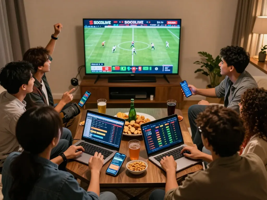 SOCOLIVE live football betting scene with friends enjoying the match together.