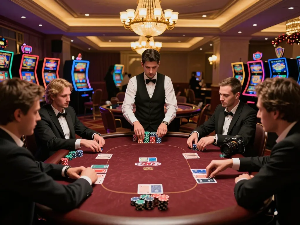 KP88 players strategizing intensely in a luxurious casino poker game.