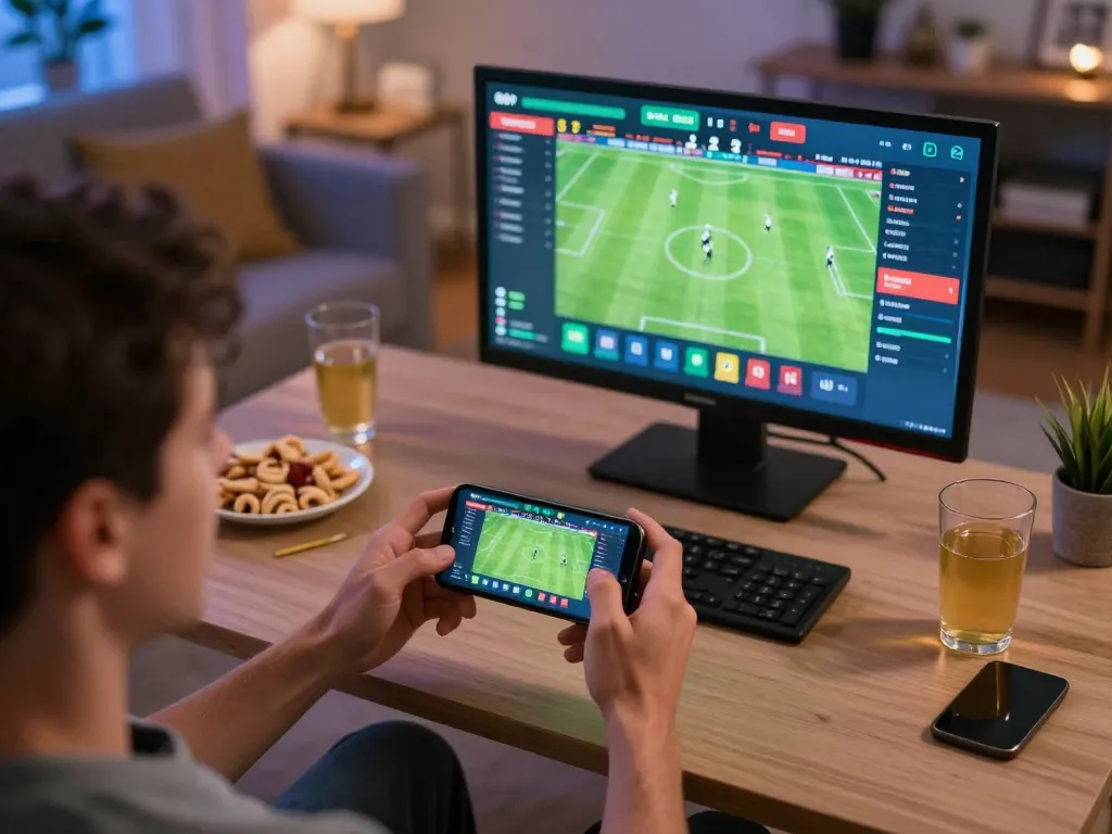 Engaging with mm88bet for live sports betting on a smartphone, capturing the excitement and strategy involved in online gambling