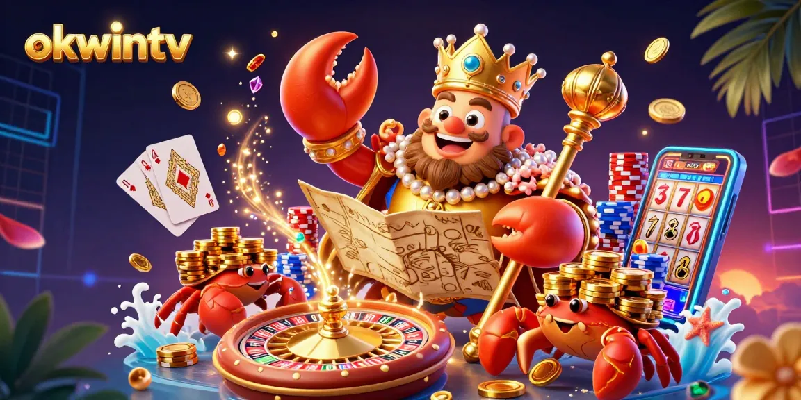 Bet on your luck with okwintv while enjoying a vibrant, colorful illustration of a royal crab emperor amidst casino elements.