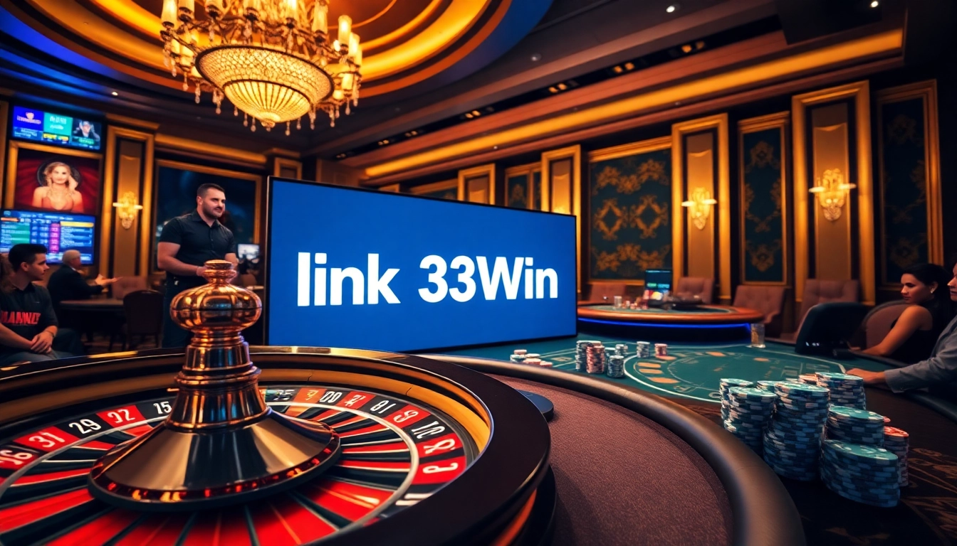 Engaging casino atmosphere showcasing link 33Win with poker chips and roulette wheel.