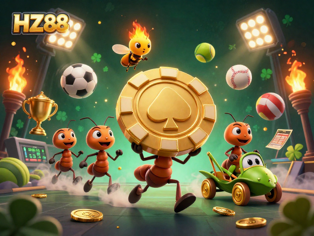 Join the adventure with HZ88 as ants carry a giant golden poker chip through an exciting heist scene.