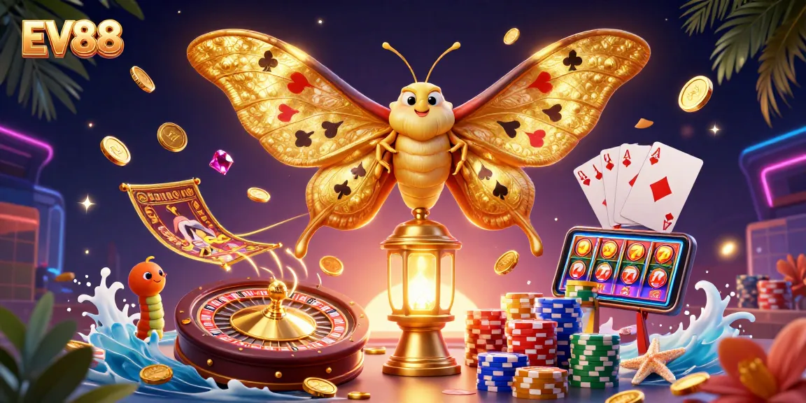 Experience the thrill of EV88 with a vibrant casino scene featuring golden moths, chips, and coins.
