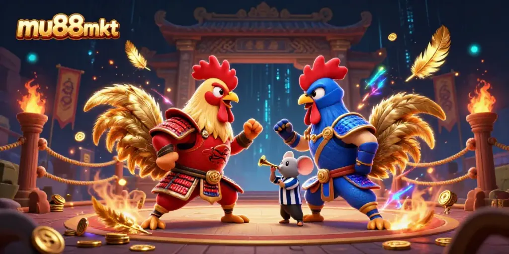 Experience the exciting showdown of twin roosters in mu88mkt's electrifying fighting arena.