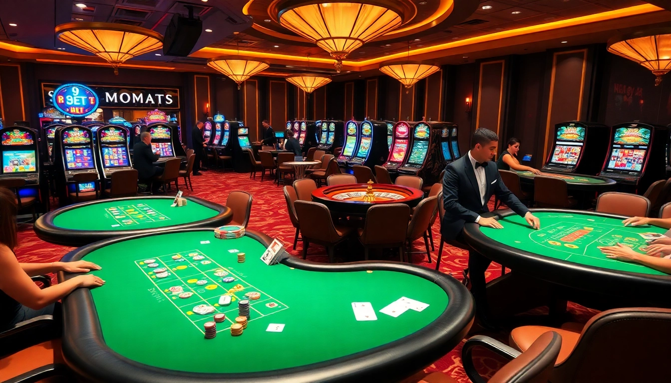 Experience intense gaming action at 9 BET's lavish casino with poker tables and vibrant slot machines.