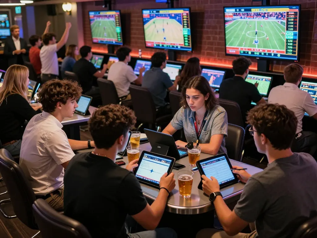 Engaged players strategizing at a trang cá cược bóng đá venue with live betting screens in view.
