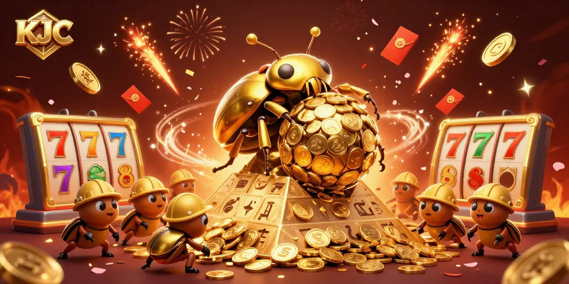KJC showcases a golden dung beetle rolling coins symbolizing casino riches in a vibrant slot game scene.