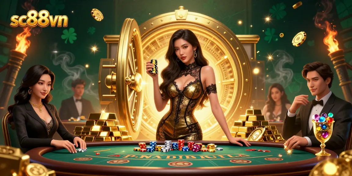 Bet big at sc88vn with our stunning baccarat scene featuring a confident player and treasure.