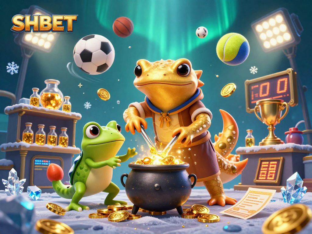 Experience winning strategies with SHBET in a vibrant 3D illustration of magical alchemy and sports betting.