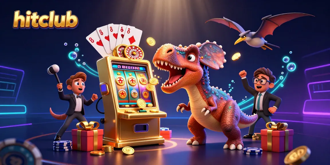 Hitclub delights as a pachycephalosaurus wins coins at a slot machine in a vibrant casino scene.