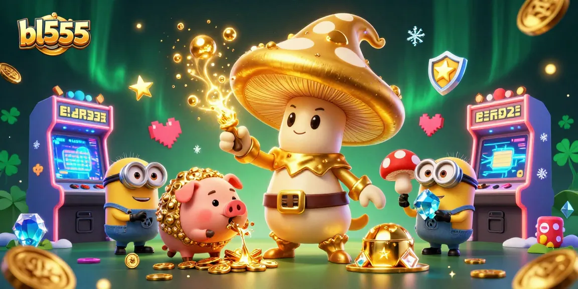 Experience thrilling gameplay at bl555 as a golden mushroom wizard transforms treasures in a vibrant casino.