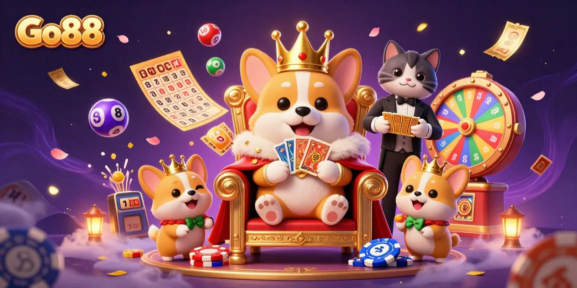 Engage with Go88 through this vibrant illustration of a royal corgi amid a colorful casino setting filled with gaming elements.