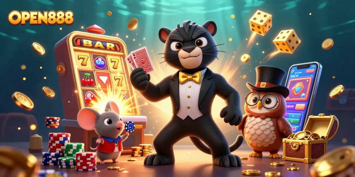 Engage with the OPEN888 casino scene featuring a stylish black panther dealer, owl with poker chips, and lucky mouse.