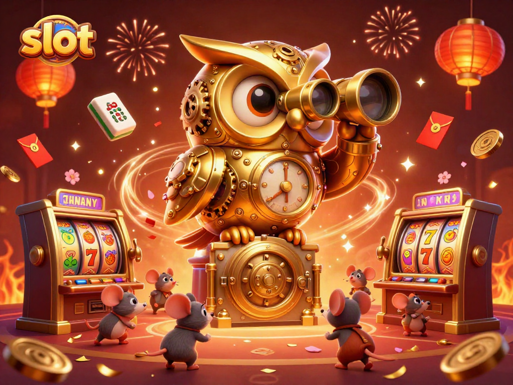 Spin the slots with vibrant golden owl guiding tiny mice patrons in a dynamic casino atmosphere.
