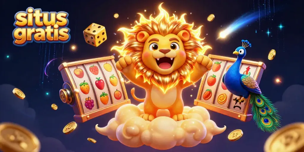 Engage with situs slot gratis in a vibrant scene featuring a roaring lion, golden dice, and colorful slot elements.