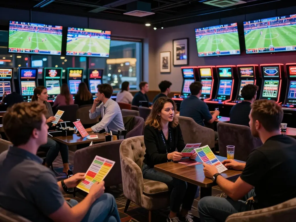 Soi kèo bóng đá betting enthusiasts watching live matches in a vibrant sports lounge.