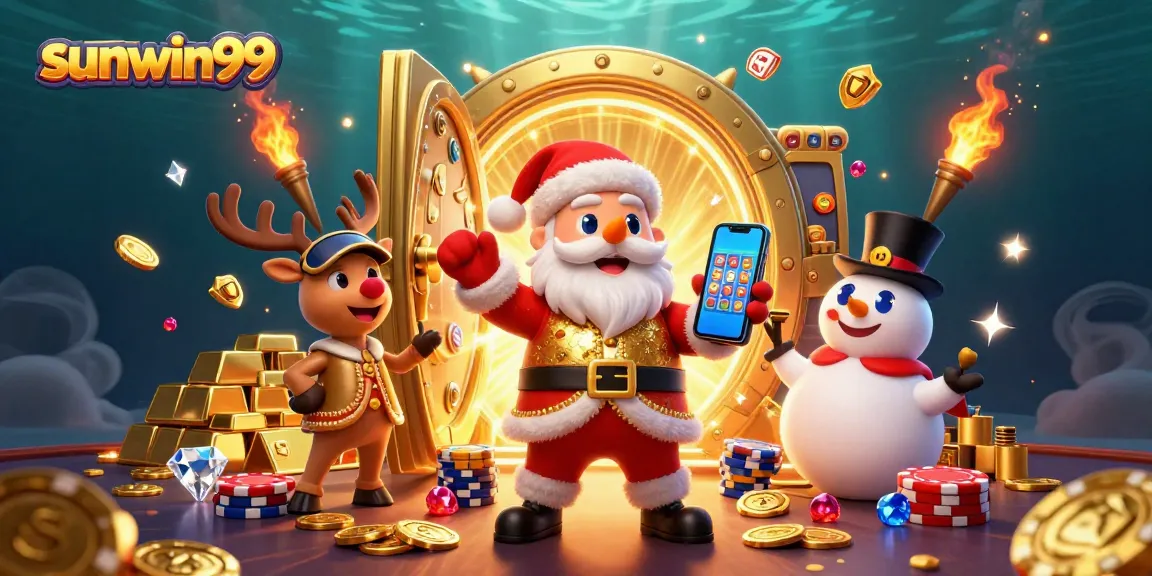 Spin jackpot slots with Santa Claus and friends in the festive sunwin99 casino illustration.