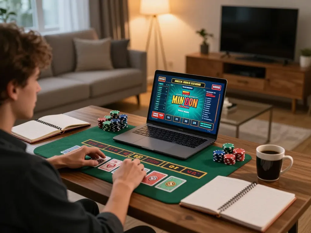 Engaged player experiencing online gaming at https://bl555.agency/ with cards and strategy notes in modern home.