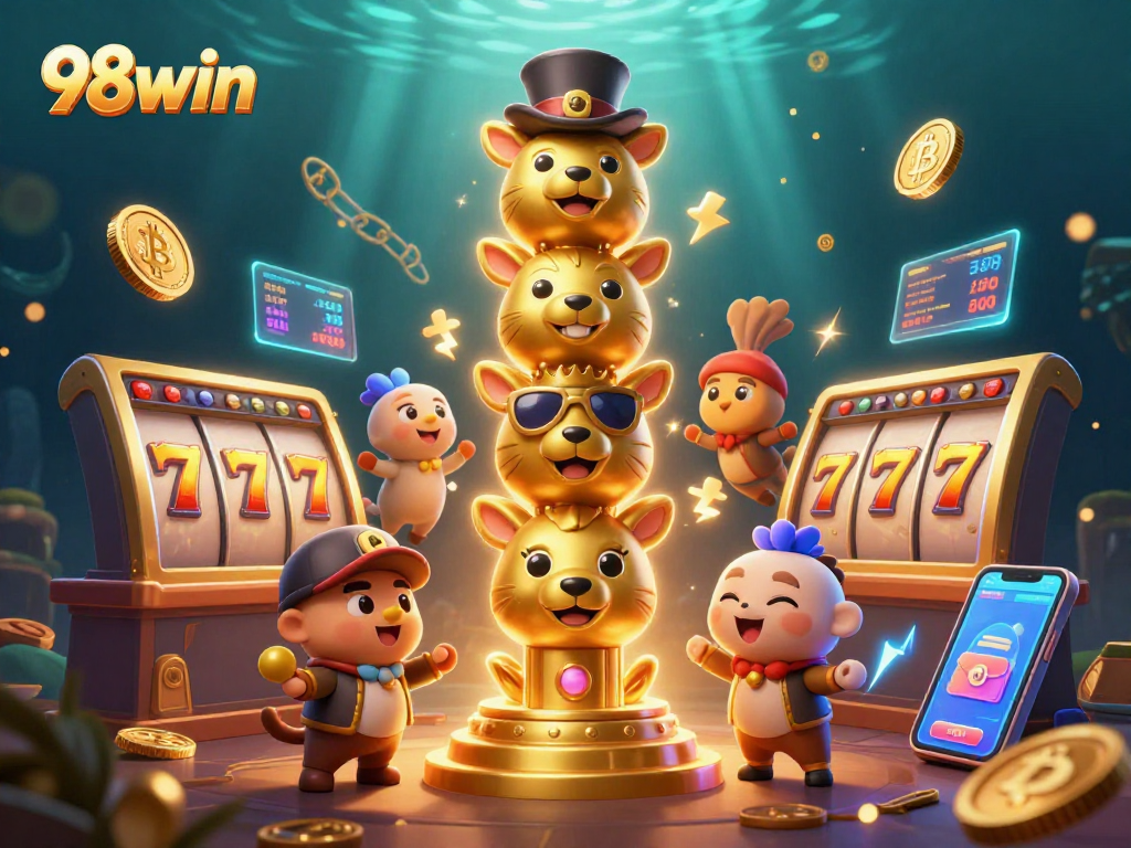 Engage with 98win's dynamic casino experience showcased in a rich, colorful 3D illustration.