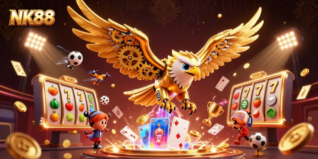 Experience thrilling gameplay at NK88 with an energetic golden eagle diving through vibrant holographic cards.