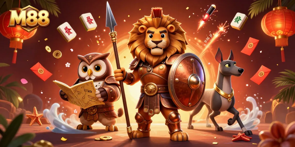 Place your bets at M88 with a vibrant illustration showcasing excitement and gaming elements.