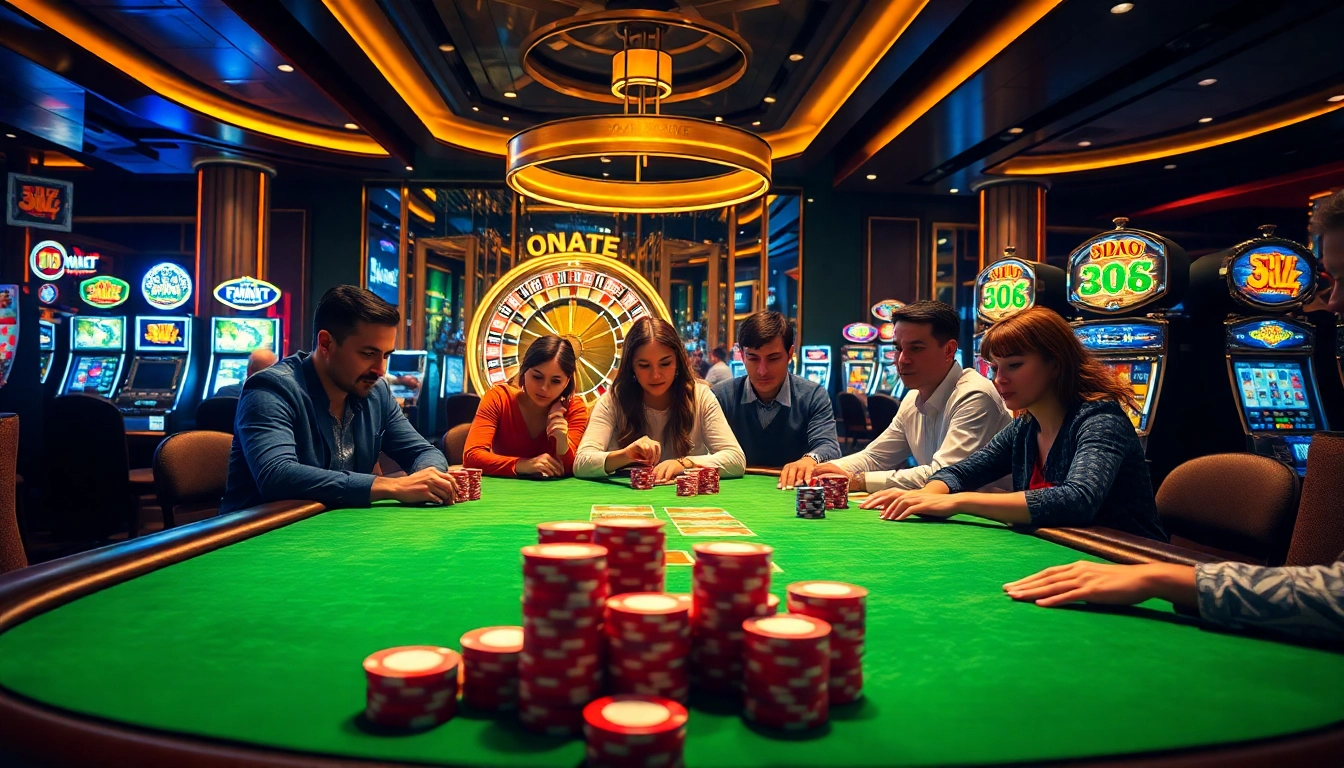 A thrilling poker game at a luxurious casino representing okwin with players focused on their cards.