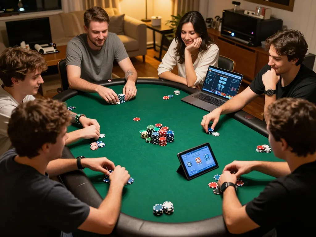 KJC players engaging in a lively online poker game session at home, showcasing gaming strategy