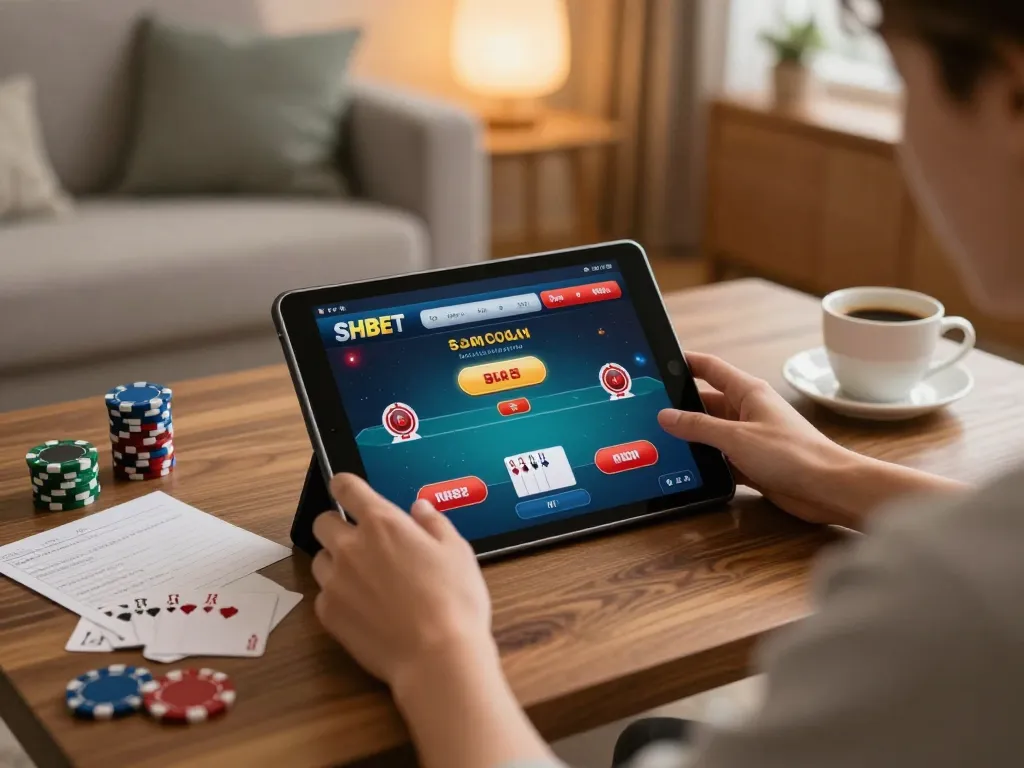 Player enjoying gameplay on SHBET tablet in a cozy home setting, showcasing online poker strategy.