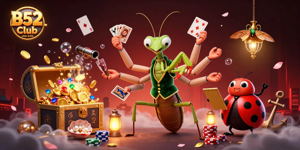 B52 Club chính thức showcases an epic 3D casino scene with a card sharp and pit boss among gold coins and floating cards.