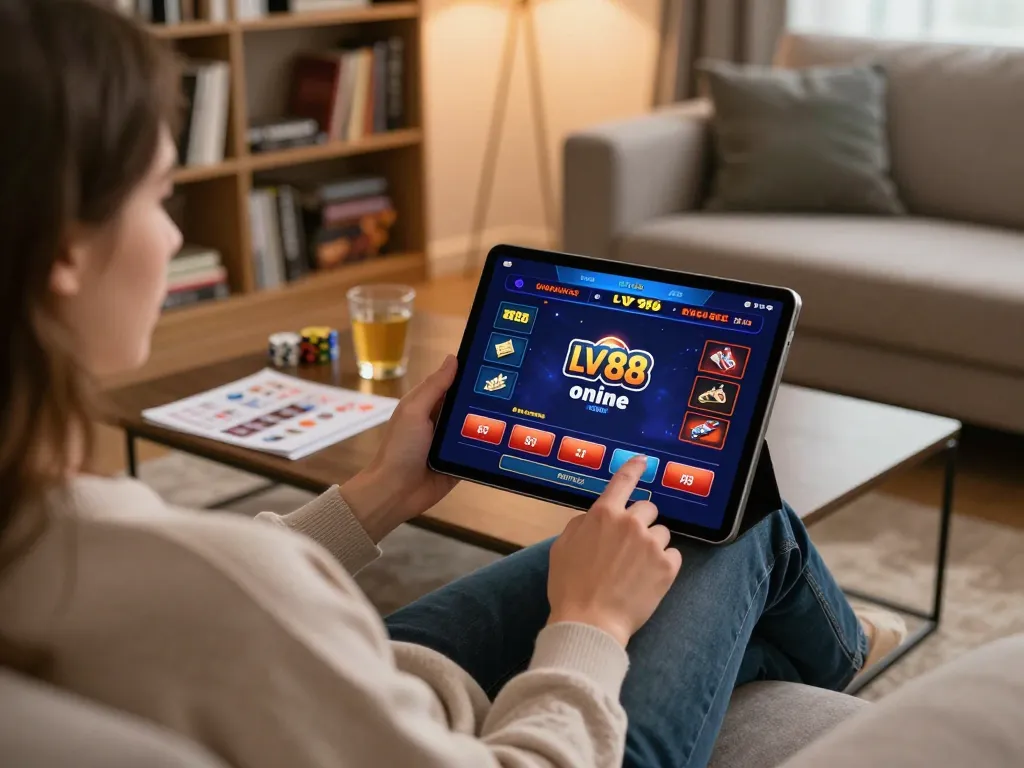 Engaging in the LV 88 online casino gaming experience on a tablet at home, showcasing responsible gambling.