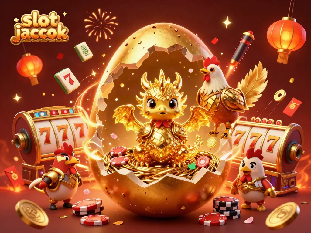 Gambling excitement with a slot jackpot scene featuring a golden dragon, poker chips, and festive decorations.