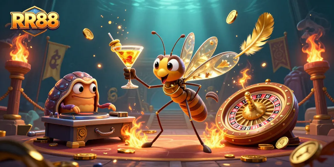 Join RR88's vibrant casino experience with a frozen mosquito mascot and trilobite DJ.