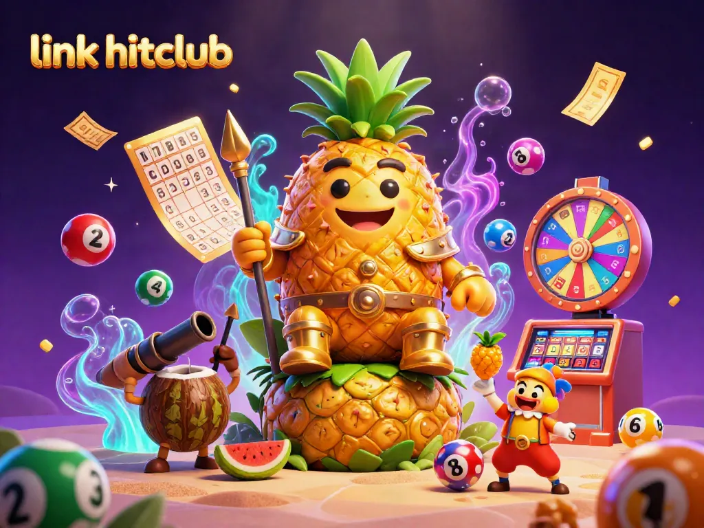 Engage with the vibrant scene of link hitclub where a cartoon pineapple king presides over a bustling casino filled with dynamic games.