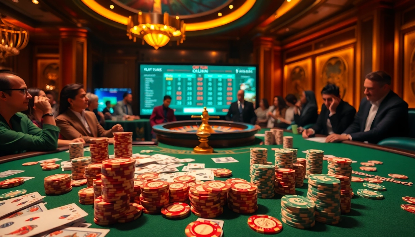 Exciting poker table scene at okfun okwin casino, featuring colorful chips and cards.