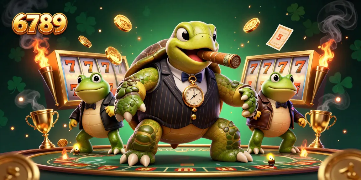 Engage with the vibrant 6789 casino scene featuring a mobster turtle and frog enforcers amidst spinning slot reels and golden lights.