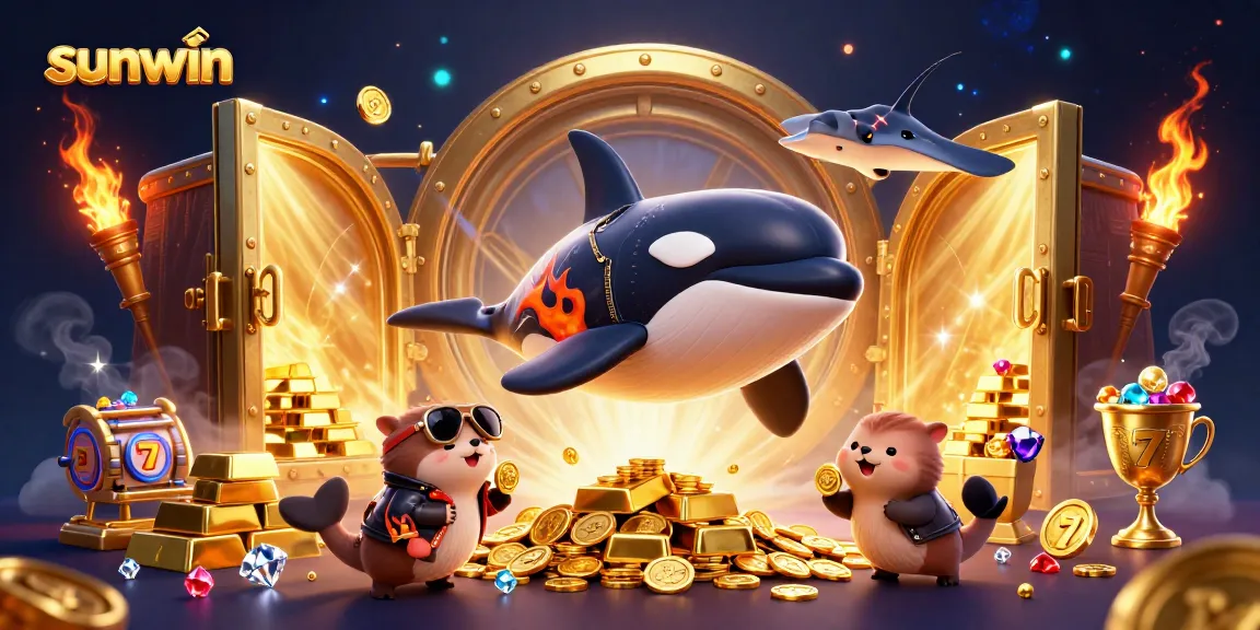 sunwin presents a vibrant 3D casino scene with a playful orca and sea creatures winning coins, emphasizing fun and excitement.